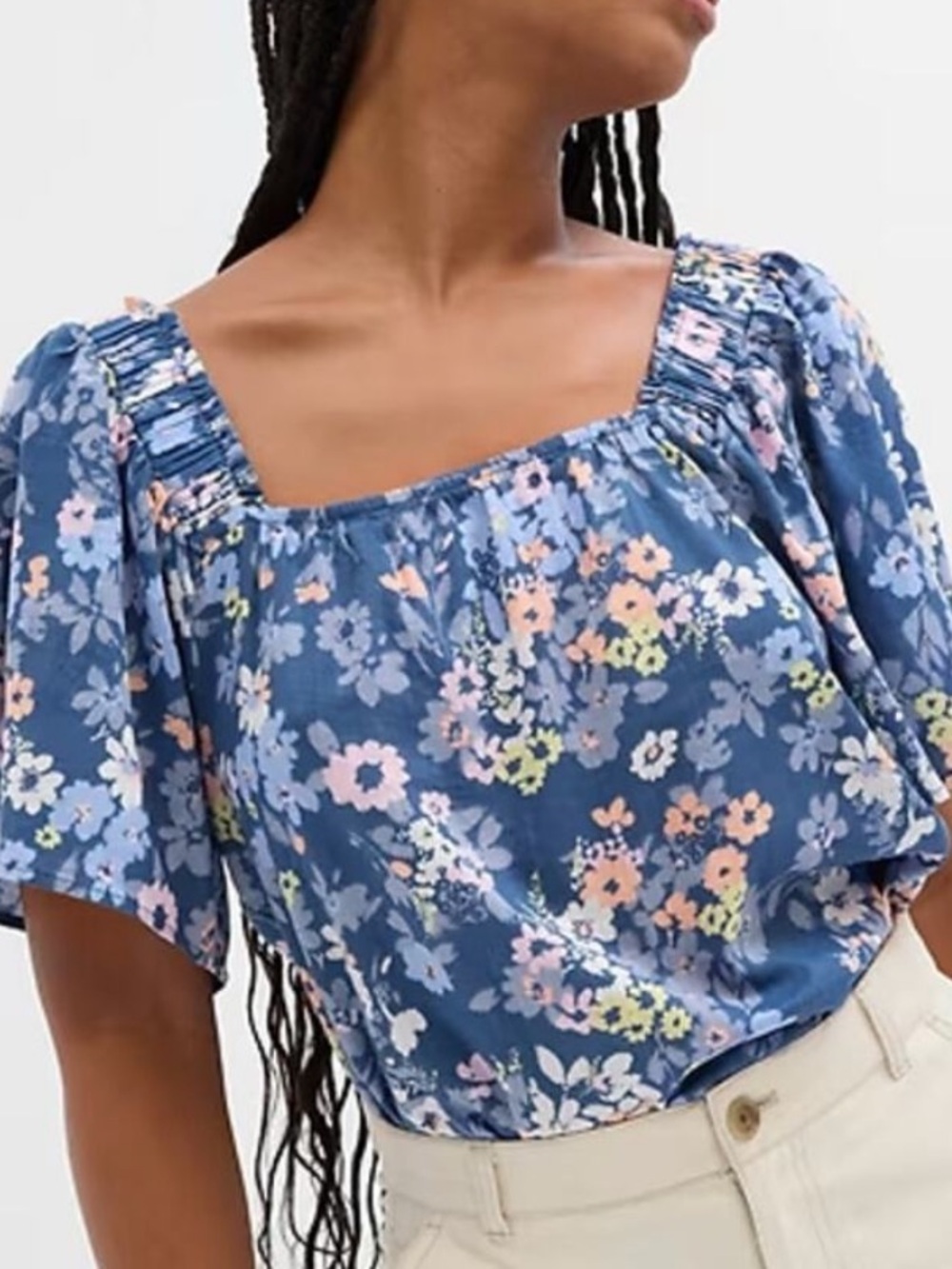Gap Squareneck Flutter Sleeve Blue floral Print Top Size XXL.